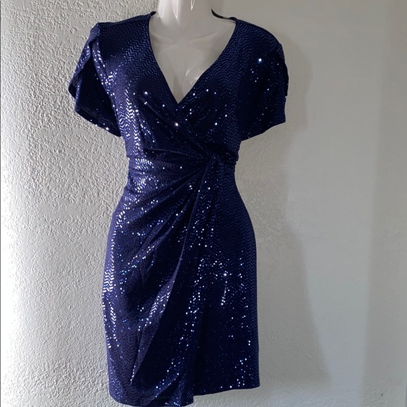 John Meyer Dresses & Skirts - Blue Sequin Ruched V-Neck Mini Dress size 8p